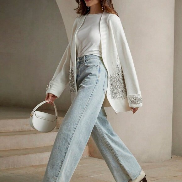 White Casual Women's Sequin & Faux Pearl Embellished Sweater Cardigan - Picture 2 of 6